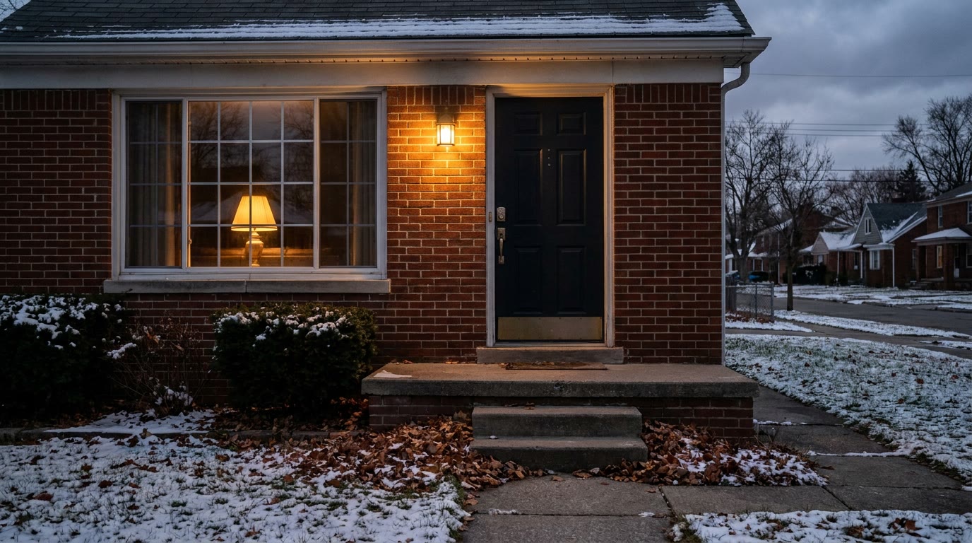 The front door of a red-brick Metro Detroit bungalow at dusk in early winter, a deadbolt above the handle, the porch light on and a lamp lit in the front window, with a light snow on the lawn and fallen leaves by the steps.