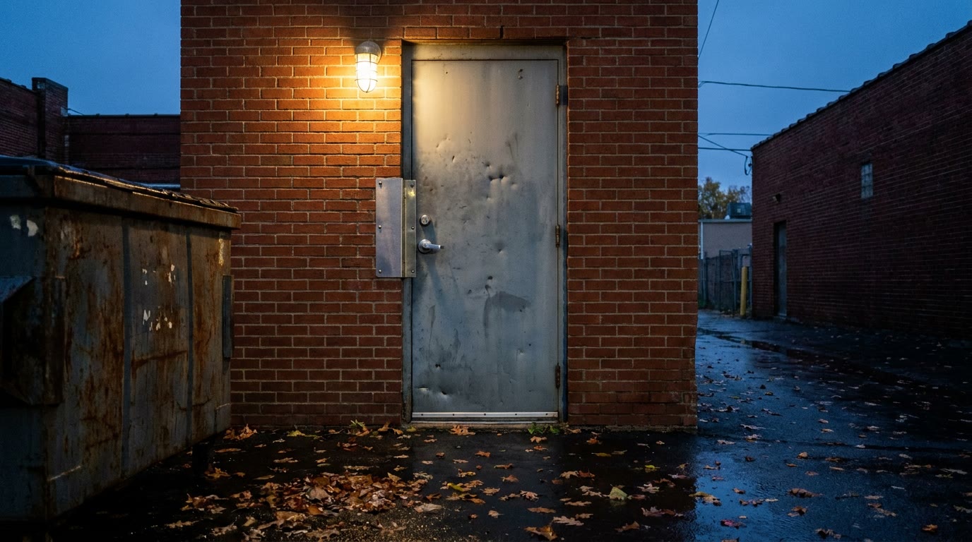 The steel back door of a red-brick commercial building in a Metro Detroit alley at dusk, a steel latch guard over the latch, a deadbolt above the lever handle and a wall light on above the door, with wet pavement and fallen leaves.