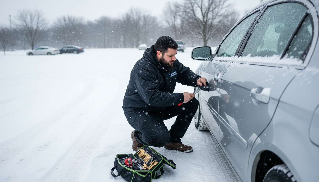 Person in a heavy winter coat looking distraught at a car door in a snowy Metro Detroit parking lot.