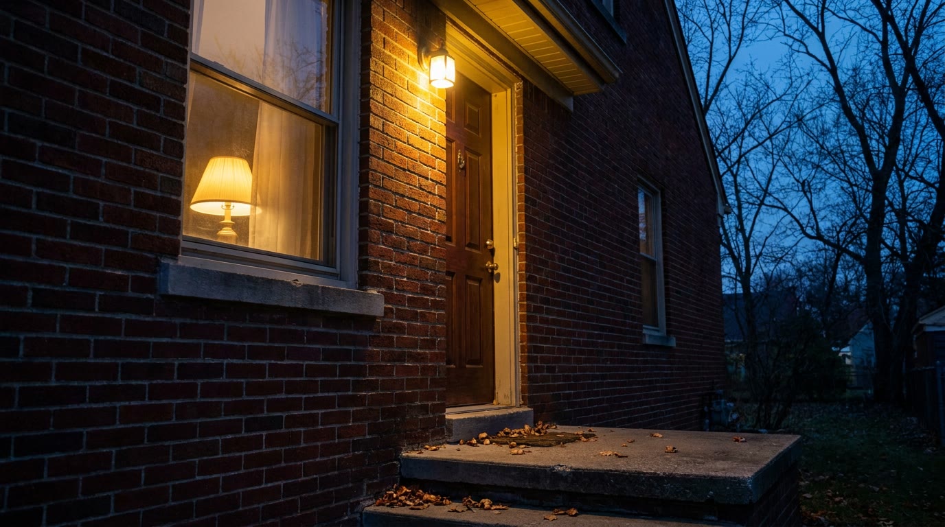 The side door of a red-brick Metro Detroit house at dusk in November, a deadbolt above the handle, the porch light on and a lamp lit in the window, with fallen leaves on the concrete steps.