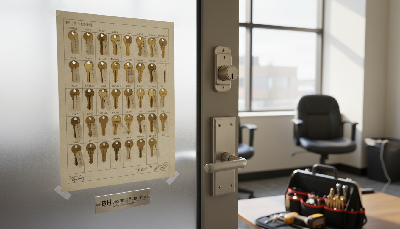 Business owner in Detroit's Corktown district using a master key to unlock multiple doors in an office building.