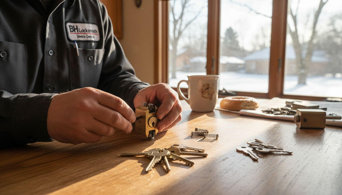 New homeowner in Royal Oak, Michigan, receiving new keys from a BH Locksmith Metro Detroit technician.
