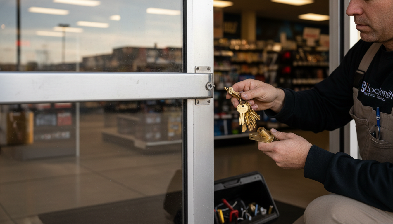 An employee exiting a commercial storefront in downtown Detroit using a panic bar on the door.