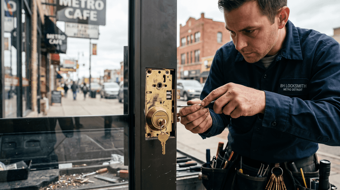 Close-up of a Von Duprin panic bar with an exterior key cylinder installed on a commercial door.