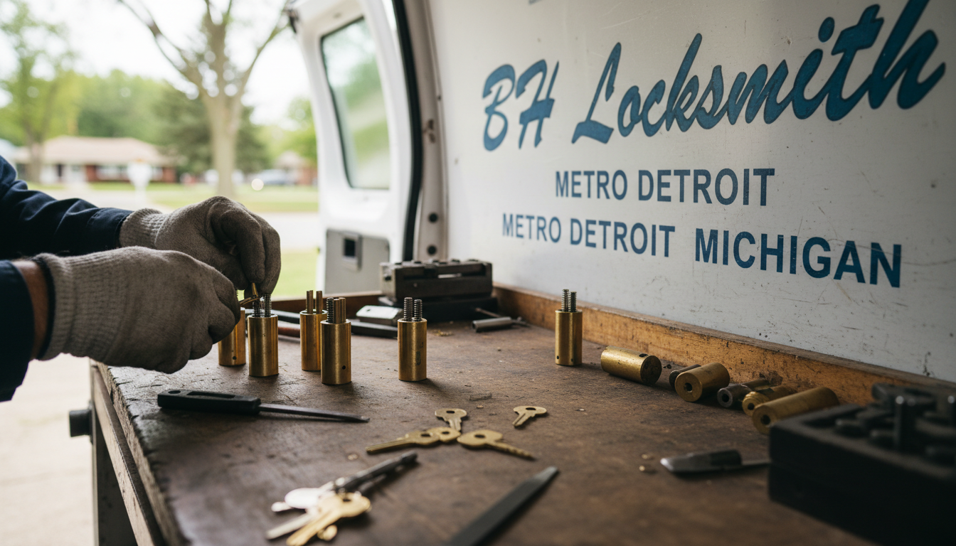 Lock rekey on mobile bench — BH Locksmith Metro Detroit, Metro Detroit, MI